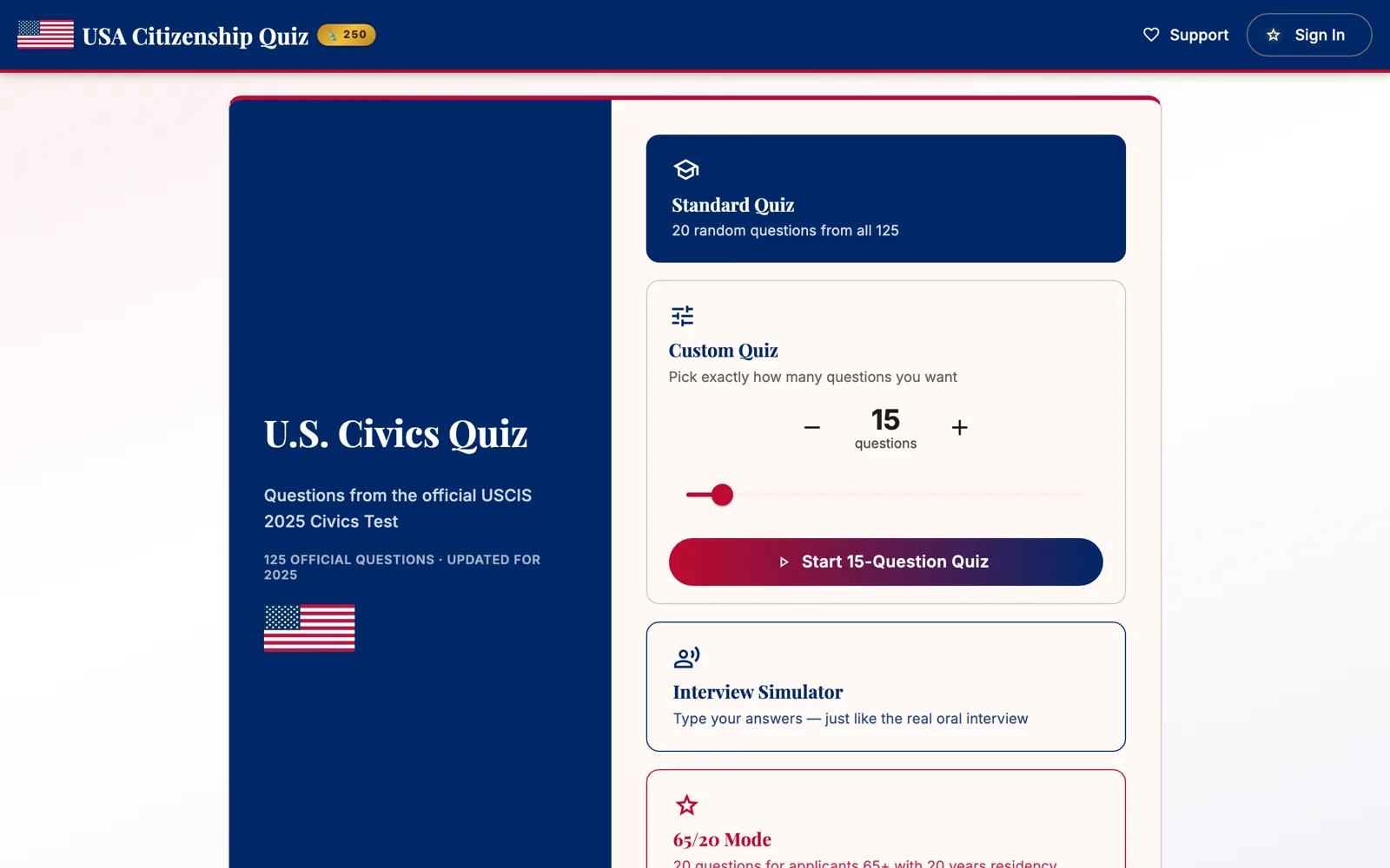 The U.S. Civics Quiz home page, showing the standard quiz, a custom quiz with an adjustable question count, and the interview simulator.